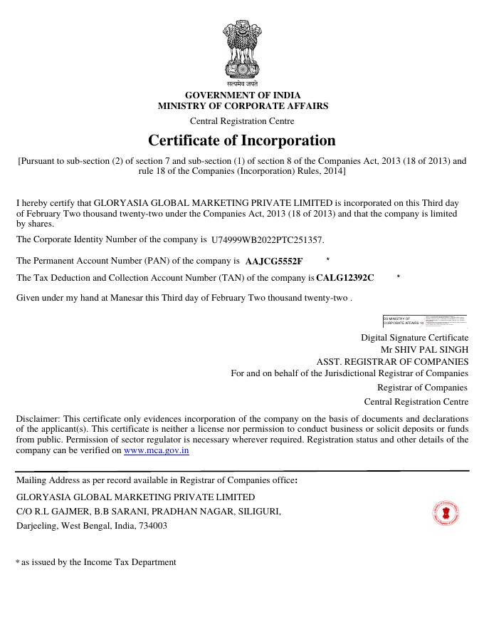Certificate of Incorporation — GloryAsia Global Marketing Private Limited